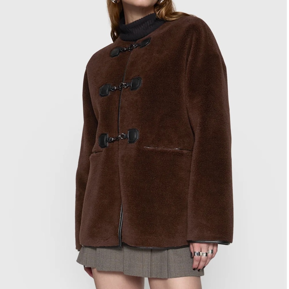 REBECCA MINKOFF Chocolate Brown Shearling Toggle Jacket--NWT--M - Picture 3 of 15